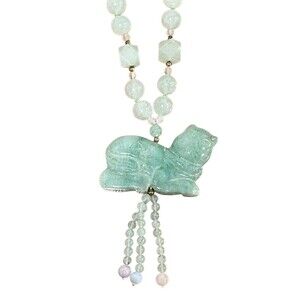 Light Green Jade Hand Knotted Carved Cat Pendant Tassels Round Square Necklace